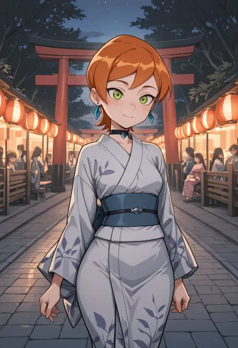 Gwen Tennyson . ginger . short hair . green eyes . small breasts, huge hips . slim body . choker . | score_7_up, anime BREAK official art, feature large highlight, feature double highlights, shaped eyeblow, natsumatsuri, outdoors, multiple monstergirl, tre...