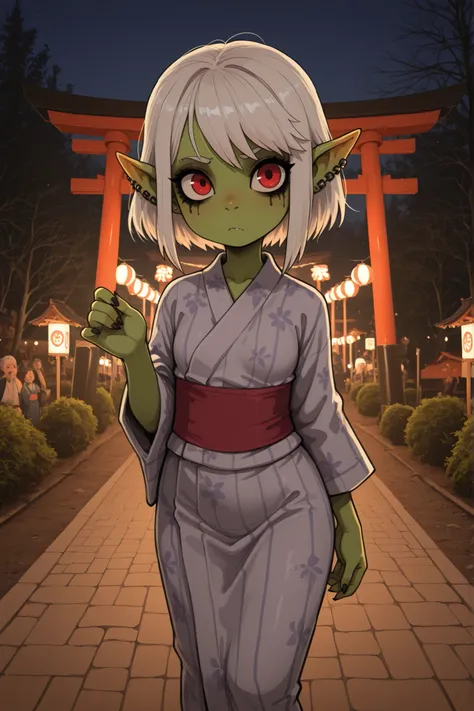 female punk, white hair, short hair, red eye , facial piercings, eye makeup, flat breasts, meduim hips, (goblin girl:1.0) (shortstack:1.0) (green skin:1.0) score_7_up, anime BREAK official art, feature large highlight, feature double highlights, shaped eye...