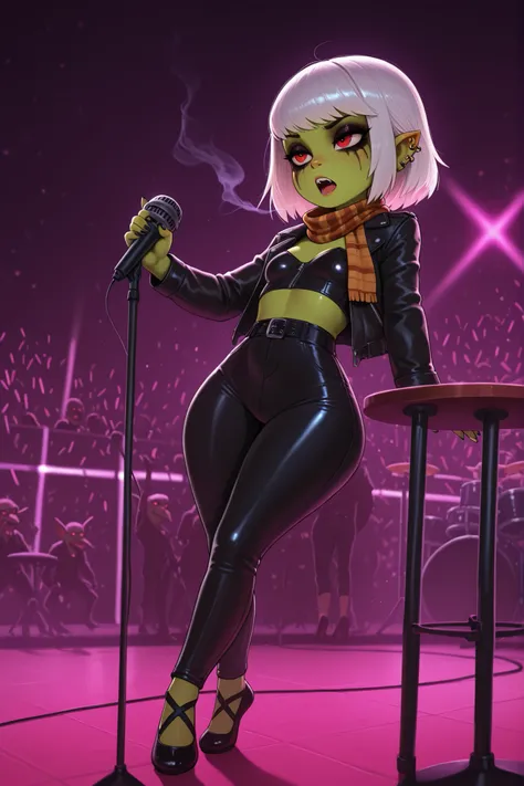 female punk, white hair, short hair, red eye , facial piercings, eye makeup, flat breasts, meduim hips, (goblin girl:1.0) (shortstack:1.0) (green skin:1.0) (medium full shot) of (edgy pop singer) woman,wearing a leather jacket, wide-leg trousers with sleek...
