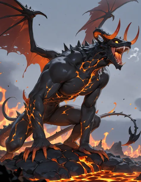 (very detailed:1.2, Masterpiece:1.2, PREMIUM QUALITY:1.2, high resolution on the coast:1.2), ice filed, lava devil, devil wing, devil tail, horns, black body, red line, open mouth, fangs, roar, solo, muscular devil, A devil with a black body with cracks an...