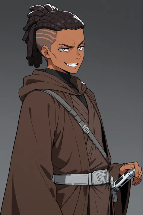 undercut,masterpiece, high quality, ultra-detailed, (1boy), dark skin color, (black Jedi robes), Jedi attire, handsome guy, inspired by starwars, Jedi knight attire, jedi robes, grey belt, Brown Jedi cloak, silver eyes, (Pale Silver eye color), lightsaber ...