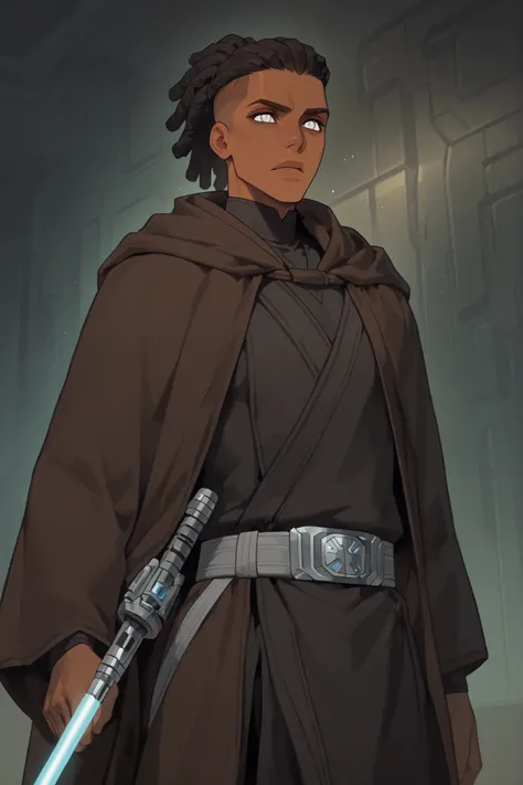 undercut,masterpiece, high quality, ultra-detailed, (1boy), dark skin color, (black Jedi robes), Jedi attire, handsome guy, inspired by starwars, Jedi knight attire, jedi robes, grey belt, Brown Jedi cloak, silver eyes, (Pale Silver eye color), lightsaber ...