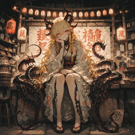 masterpiece, (Highest Quality, High-Resolution Creation,4K, 8k), dragon tail 、, ((Land of Heroes)) , push、long hair、 Blonde 、 braids 、 Japanese Kimono、yukata、 perfect face 、 masterpiece, anatomically accurate , Highest Quality, Textured Skin, film l...