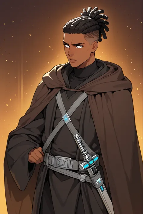 undercut,masterpiece, high quality, ultra-detailed, (1boy), dark skin color, (black Jedi robes), Jedi attire, handsome guy, inspired by starwars, Jedi knight attire, jedi robes, grey belt, Brown Jedi cloak, silver eyes, lightsaber hilt on belt, (dark tan s...
