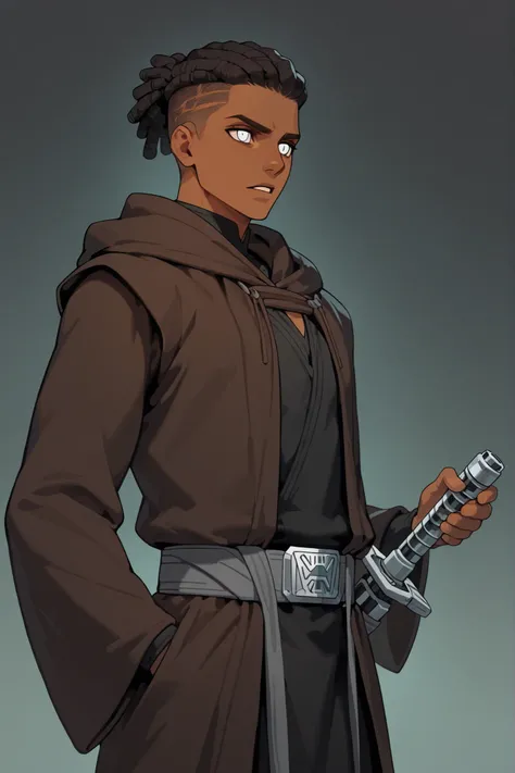 undercut,masterpiece, high quality, ultra-detailed, (1boy), dark skin color, (black Jedi robes), Jedi attire, handsome guy, inspired by starwars, Jedi knight attire, jedi robes, grey belt, Brown Jedi cloak, silver eyes, (Pale Silver eye color), lightsaber ...