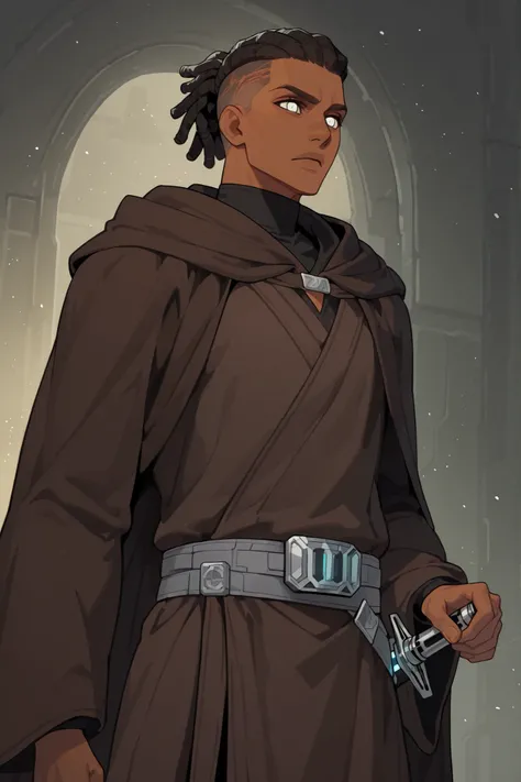 undercut,masterpiece, high quality, ultra-detailed, (1boy), dark skin color, (black Jedi robes), Jedi attire, handsome guy, inspired by starwars, Jedi knight attire, jedi robes, grey belt, Brown Jedi cloak, silver eyes, (Pale Silver eye color), lightsaber ...