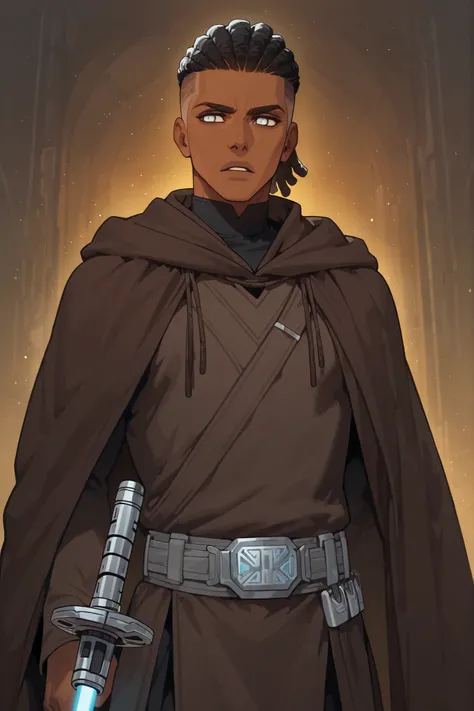 undercut,masterpiece, high quality, ultra-detailed, (1boy), dark skin color, (black Jedi robes), Jedi attire, handsome guy, inspired by starwars, Jedi knight attire, jedi robes, grey belt, Brown Jedi cloak, silver eyes, (Pale Silver eye color), lightsaber ...