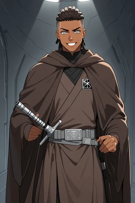 undercut,masterpiece, high quality, ultra-detailed, (1boy), dark skin color, (black Jedi robes), Jedi attire, handsome guy, inspired by starwars, Jedi knight attire, jedi robes, grey belt, Brown Jedi cloak, silver eyes, (Pale Silver eye color), lightsaber ...