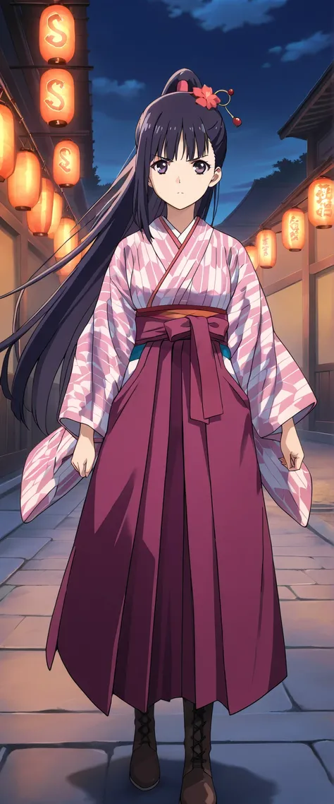 score_9_up, score_8_up, score_7_up,official art,anime coloring, BREAK,1girl,solo,
Yomogawa Ayame  , Kabaneri of Iron Fortress, very long hair, high ponytail, dark haired, purple eyes,BREAK,japanese clothes,kimono,yagasuri,(hakama,long skirt,both side deep ...