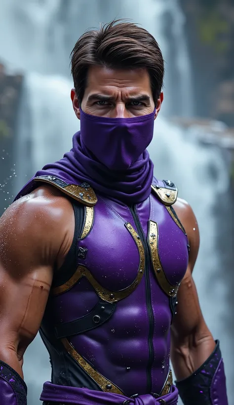 Hyperrealistic 20K cinematic portrait of tom cruise as Rain, chest-up, purple ninja armor with metallic gold accents glowing faintly, piercing white glowing eyes, water particles floating around his body, aura of storm energy and water streams forming arou...