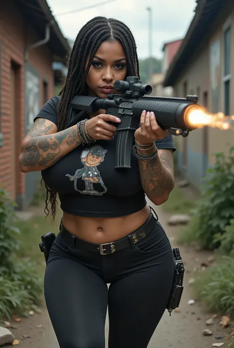 Uma mulher sensual, com seios grandes, athletic body and thick thighs, You are in combat position holding an M16 rifle in shooting position. She wears a black tight printed t-shirt with a cartoon character, combined with tight jeans, In addition to the bra...