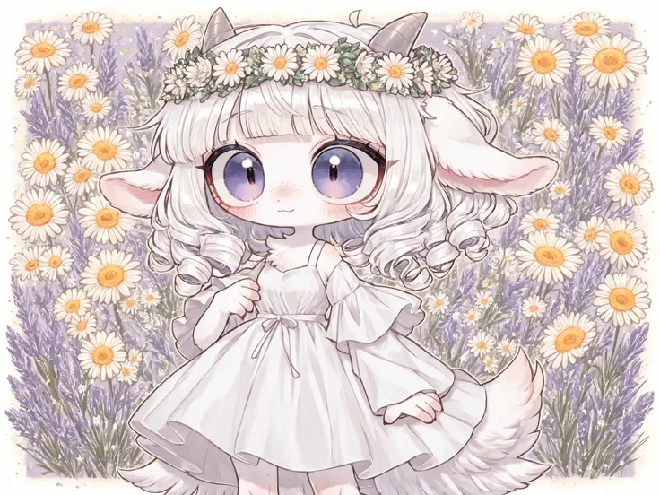 (edanoma_meu_illu,) A cute village girl, white goat furry. She has short white short goat horns on her head, she has little fluffy white goat tail and she has long fluffy goat ears. she has white skin covered with blush and freckles. She has short kinky ...