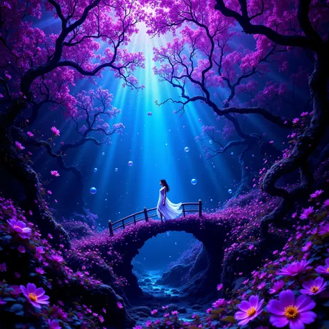 Underwater, bubbles from the deep, enhanced by ring art, purple flowers underwater, a bridge over old skeletons, waves of horror pink reverberate through the water, psychedelic, organic growth, twisted human woman in a white dress walks over the underwater...