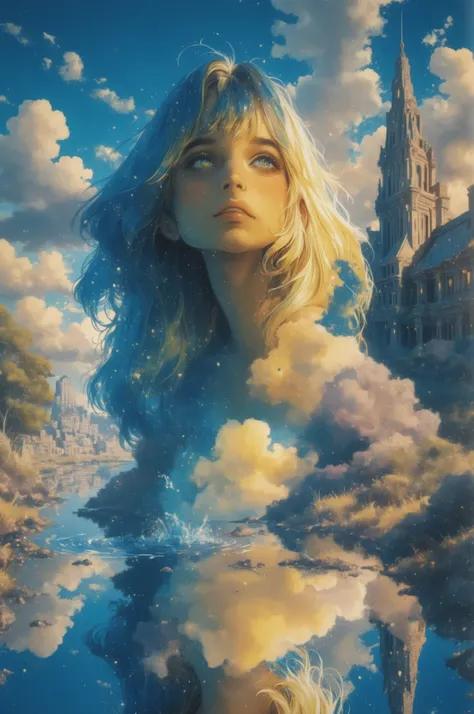 a futuristic landscape in the illustrative style of french illustrator Moebius, (blues, yellows), brutalist architecture, brutalism, water. reflections, retrofuturistic, beautiful face, french retro, cloudy sky, 