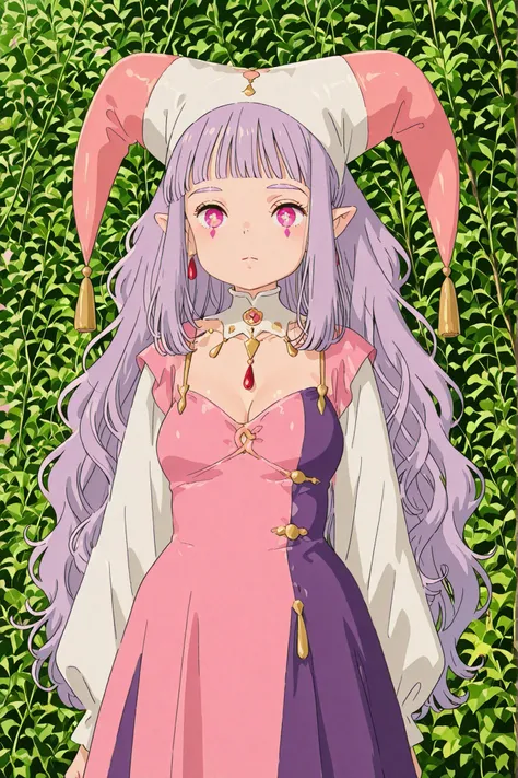(((very short))) chubby, woman, pointy_ears, long flowing lilac wavy hair with hime bangs, harlequin dress, pink_eyes, studio_ghibli, flowery background