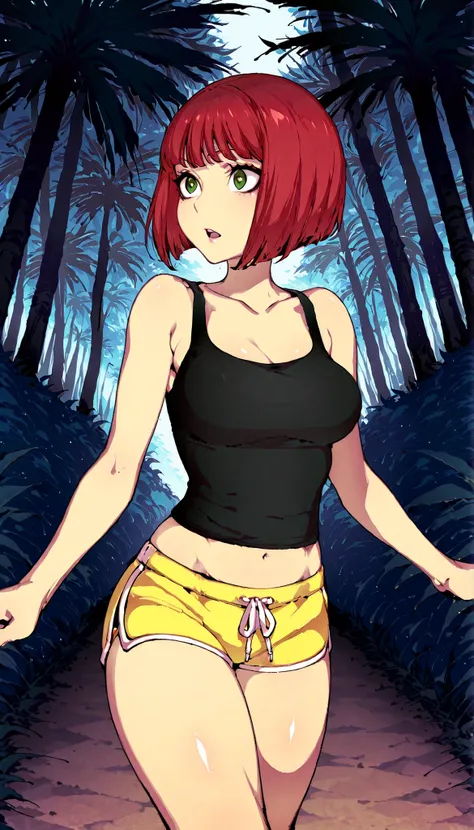Source_anime, fishine style, 1girl, solo, redhead BREAK
Short hair, red hair, bob_cut, bangs, green eyes, medium breasts BREAK
Black tank top, navel, collarbone, yellow shorts , dolphin shorts BREAK
Looking at side, curious face, open mouth, walkin...