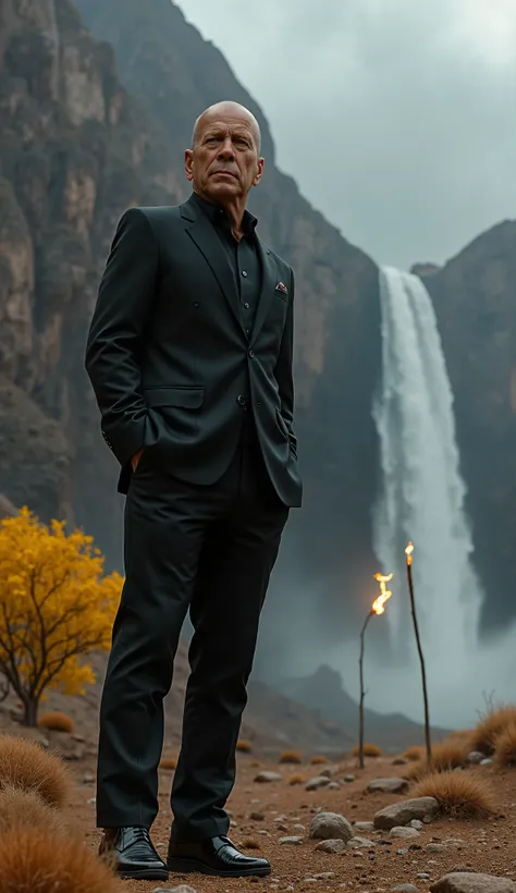 Bruce WILLIS with 8k ultra realistic black suit, background. with waterfall in a desert and yellow tree and a burning torch 8k ultra realistic posture,background with storm and waterfalls, dramatic cinematic lighting with epic depth of field, ultra-detaile...