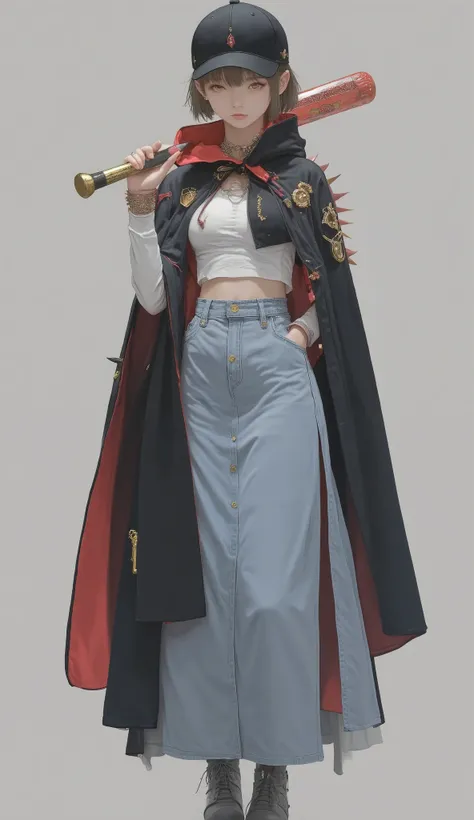 A young girl who exudes a stylish and casual look, Wrapped in cloth、sharp gold pins are swinging around a baseball bat with sharp gold pins sticking out. Her outfit perfectly combines soft and edgy elements, features a light blue skirt and white cropped to...