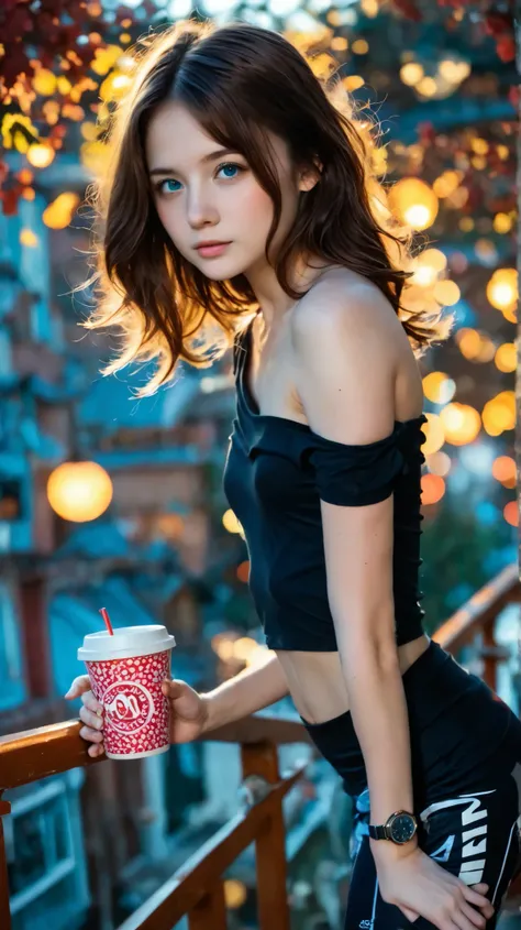 tight black tops:1.2, Watch Viewers, cinematic lighting, Perfect, soft light, high resolution skin riding on a handrail:1.2, realistic skin texture, 14 years、small face、no makeup、, off the shoulder,B cup、small breasts, blue eyes, Bang Hair, dark brown hai...