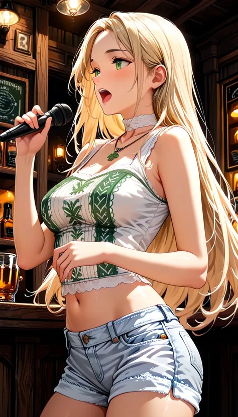  ,
Irish girl, (traditional Irish folk singer),(cowboy shot),(sideview), (looking upward:0.6 ), singing emotionally ,(blush:0.5),
A girl, pale blonde hair, (forehead:0.8),(straight long hair), greenish-hazel eyes, (huge breasts:0.5),(cleavage:0.6),( white choker), (necklace),(glossy pale skin), (spreading arms:0.2),(sleeveless t-shirt with Celtic pattern),(navel),(white denim shorts),(singing traditional song:1.2),


8K resolution, intricate details, 

Perfect composition,

(Folk music magazine picture),(music jam session),(irish pub at night),(with traditional Irish music band:1.3),(hand microphone),(altan:1.3),

 (Sepia toned colors), perfect lighting,

 Perfect exposure, aperture and shutter speed,

(Realistic:0.65),(masterpiece, detailed:1.2), ath1337, 