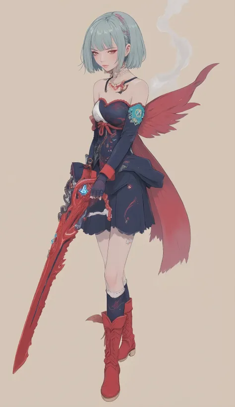 Includes arm warmers and boots with alternating red and navy patterns {x} Impressive characters with dynamic poses and anime-style styles are ready for battle. Contrast with bright red ribbon, woven. Her expression is focused and serious, Suggests determin...