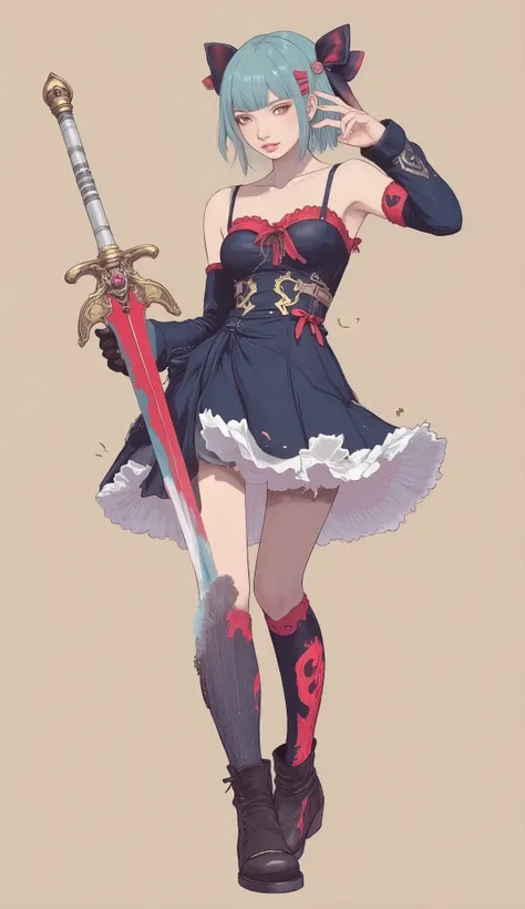 Includes arm warmers and boots with alternating red and navy patterns {x} Impressive characters with dynamic poses and anime-style styles are ready for battle. Contrast with bright red ribbon, woven. Her expression is focused and serious, Suggests determin...