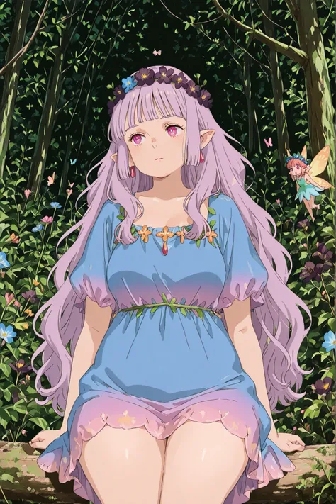 (((very short))) chubby, woman, mature, pointy_ears, long flowing lilac wavy hair with hime bangs, blue flower crown in hair, fairy_dress, pink_eyes, studio_ghibli, dark flower forest in background