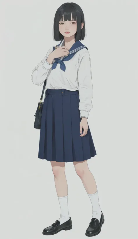 young girls wear traditional Japanese school uniforms, skirt has pleats and the、matches the deep blue of her collar. skirt is pleated、matches the deep blue of her collar. She is sophisticated, wears a matching school bag on her shoulder. The focus is on un...