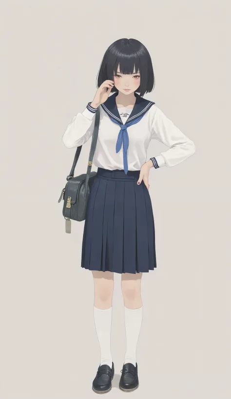young girls wear traditional Japanese school uniforms, skirt has pleats and the、matches the deep blue of her collar. skirt is pleated、matches the deep blue of her collar. She is sophisticated, wears a matching school bag on her shoulder. The focus is on un...