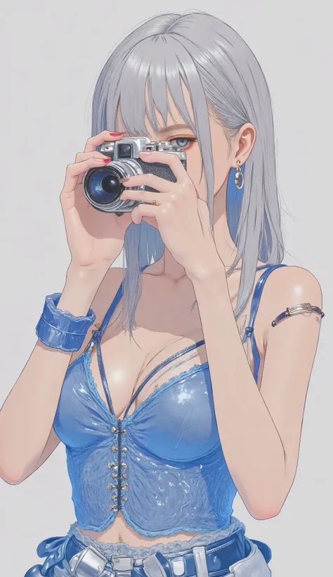 A woman wearing a blue top and silver shorts is taking pictures, Extremely Detailed and Exquisite Fanart, bright blue shiny lingerie, King of Fighters characters, line art costume with blue accents , High Quality Artwork, Altria Pendragon, detailed anime ...