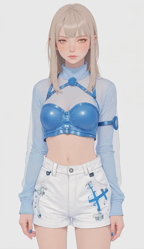 This image has a young々shows a very dynamic figure。, features stylish attire。. She wears an eye-catching ensemble that includes a shiny blue crop top。, features intricate cross details and a small circular emblem on the neckline。. This top is paired with h...
