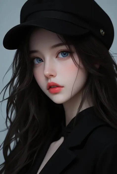 anime artwork (dark mood masterpiece Photography:1.2) a young woman with beautiful eyes, bold eyeliner sensuous lips, cheeky expression, naughty, flirting, (smiling:0.65), wearing a black suit, back hat cap, long wavy hair, black hair, (fine erotic content...