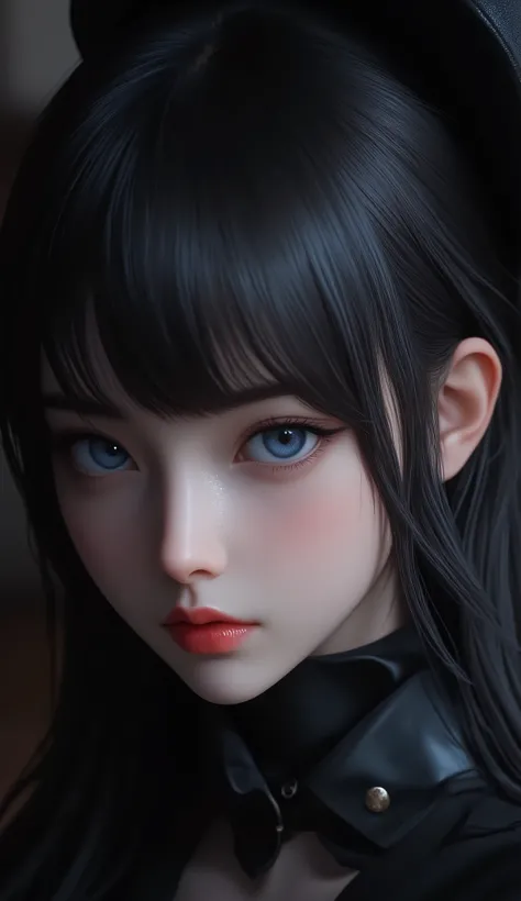 anime artwork (dark mood masterpiece Photography:1.2) a young woman with beautiful eyes, bold eyeliner sensuous lips, cheeky expression, naughty, flirting, (smiling:0.65), wearing a black suit, back hat cap, long wavy hair, black hair, (fine erotic content...