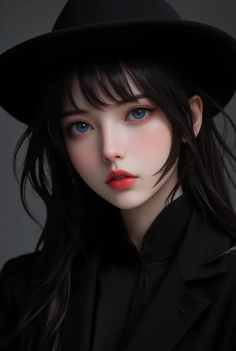 anime artwork (dark mood masterpiece Photography:1.2) a young woman with beautiful eyes, bold eyeliner sensuous lips, cheeky expression, naughty, flirting, (smiling:0.65), wearing a black suit, back hat cap, long wavy hair, black hair, (fine erotic content...