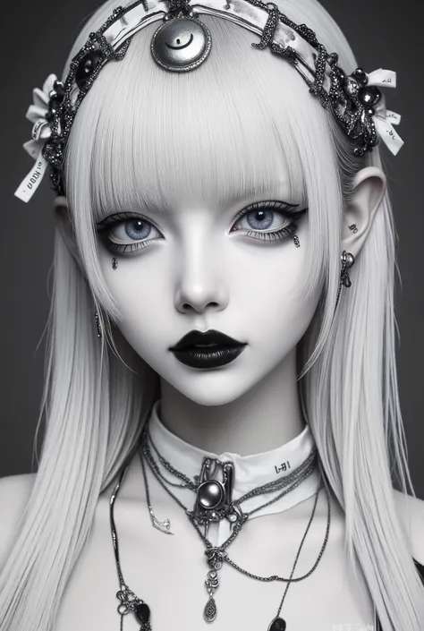 a surreal monochrome portrait of a mysterious figure with porcelain-pale skin and long, straight, silvery-white hair; their thick, blunt-cut bangs completely obscure both eyes, creating an enigmatic and serene expression; wearing ornate metallic head jewel...