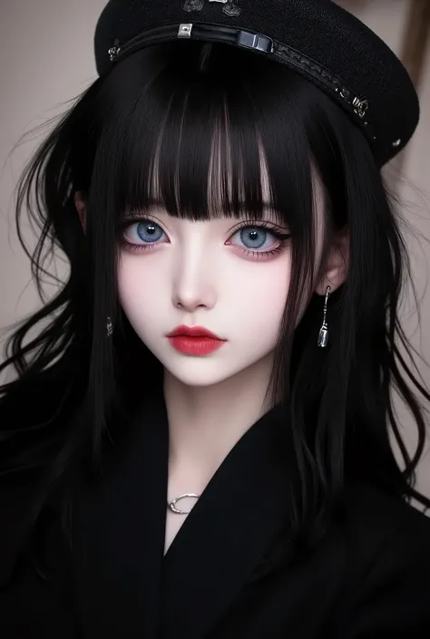 anime artwork (dark mood masterpiece Photography:1.2) a young woman with beautiful eyes, bold eyeliner sensuous lips, cheeky expression, naughty, flirting, (smiling:0.65), wearing a black suit, back hat cap, long wavy hair, black hair, (fine erotic content...