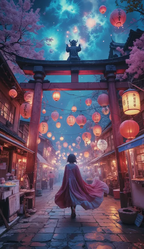 A breathtakingly beautiful and chaotic nocturnal scene of a hidden Yokai Summer Festival (Yokai Ennichi), epic wide shot, cinematic, hyper-detailed, dynamic composition. The scene is a vibrant fusion of the ethereal and the mischievous. A torii gate made o...