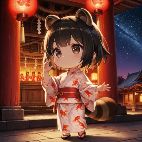 chibi,hand,masterpiece、High Quality、anime style、Girl with Raccoon Ears、solo、black short hair、brown eyes、Raccoon Tail、5 Anatomically Correct Fingers、hide ears with hair、Goldfish pattern yukata、Bon Odori、Red and White Lanterns、Shrine、starry sky、focus on girl...