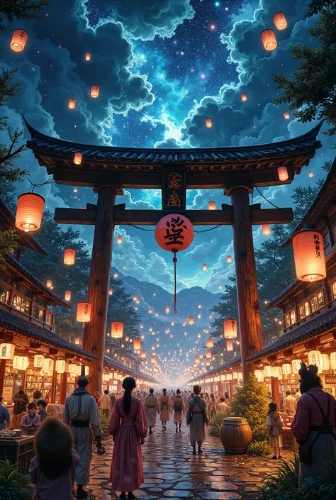 A breathtakingly beautiful and chaotic nocturnal scene of a hidden Yokai Summer Festival (Yokai Ennichi), epic wide shot, cinematic, hyper-detailed, dynamic composition. The scene is a vibrant fusion of the ethereal and the mischievous. A torii gate made o...