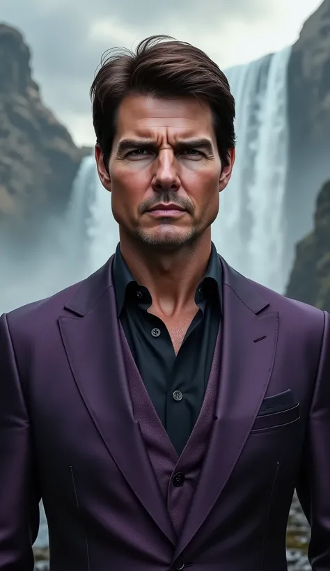 Hyperrealistic cinematic portrait of Tom Cruise in 20K in a purple and black suit background with storm and waterfalls, dramatic cinematic lighting with epic depth of field, ultra-detailed textures and shielding.
