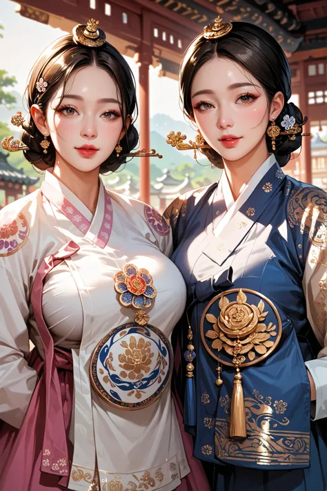 Two ancient Korean beauties with big breasts. mature face. Each has black hair, brown hair. Hairpin with hair on it. Hanbok. Korea Palace background. Two girls appear