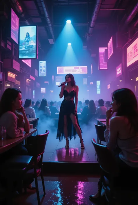An attractive and chic beauty, a singer on stage with a microphone in her hands and a plasma TV on the wall with text, stands on a slightly foggy stage at the bar, sings a song, is sitting at the tables with joyful visitors, in dramatic lighting, slightly ...