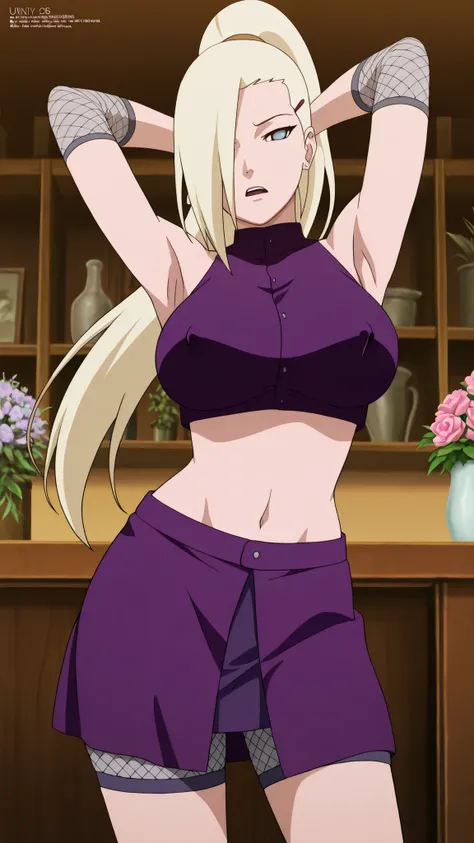 yamanaka ino Seductive pose,sexy pose,masterpiece, best quality, amazing quality, front light, anime screencap, 1girl, solo, InoShipuuden, blonde hair, high ponytail, hair over one eye, midriff, fishnets, crop top, big breasts, blue eyes, At the flower sho...