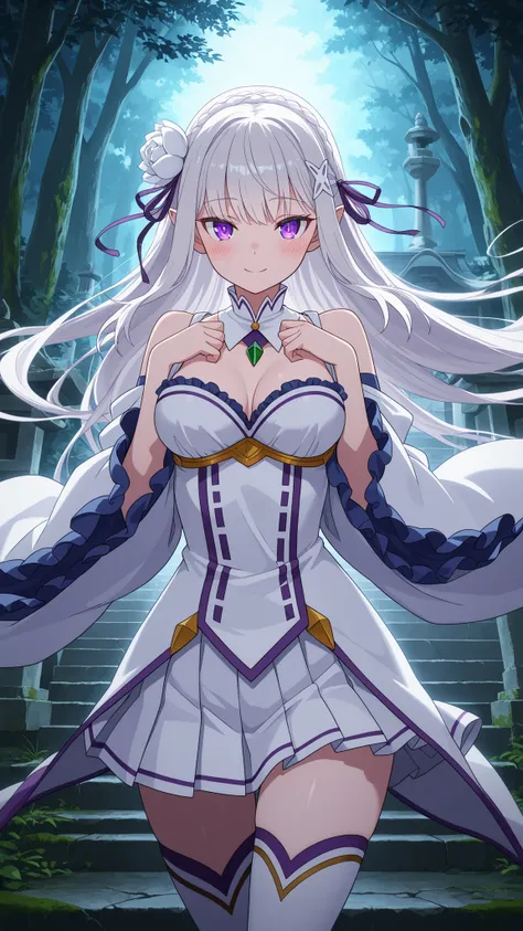 BREAK (masterpiece:1.2), best quality, high resolution, unity 8k wallpaper, (illustration:0.8), (beautiful detailed eyes:1.6),Old moss-covered shrine hidden among trees,
stone lanterns cracked and leaning,
mist curling around ancient steps,
dim light...