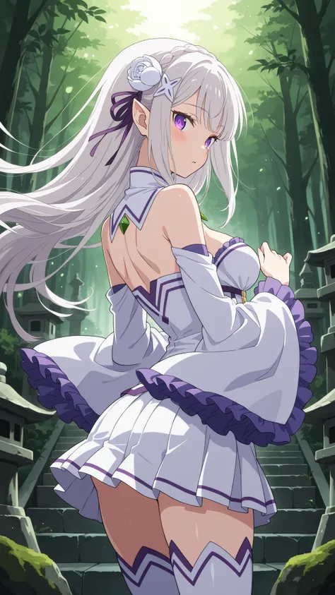 BREAK (masterpiece:1.2), best quality, high resolution, unity 8k wallpaper, (illustration:0.8), (beautiful detailed eyes:1.6),Old moss-covered shrine hidden among trees,
stone lanterns cracked and leaning,
mist curling around ancient steps,
dim light...