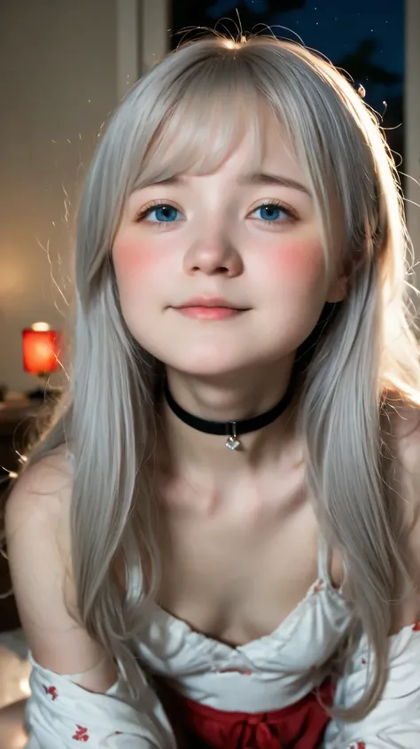 Japanese Women, solo, Elderly , young cute girl, Intimate,blush, red face, long hair, grey hair, straight hair in underwear, FEELS , falling in love, Dad wearing, black choker, night、Cinematic lighting in nightclubs