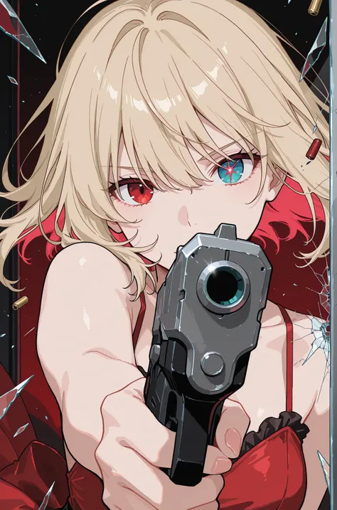 masterpiece,best quality,ultra detailed,8k portrait,unity 8k wallpaper,super fine illustration,1girl, anime girl pointing handgun,directly at viewer through shattered glass, extreme close-up perspective, detailed glass crack patterns with light refractions...