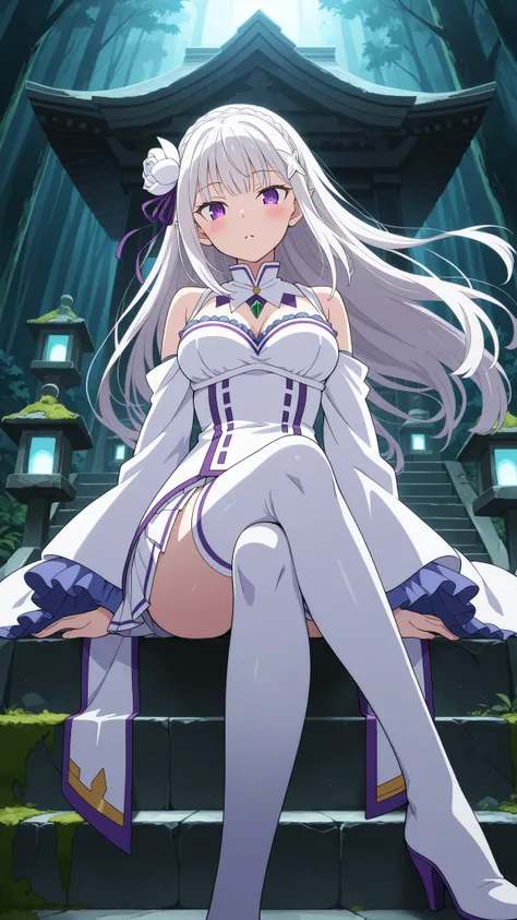 BREAK (masterpiece:1.2), best quality, high resolution, unity 8k wallpaper, (illustration:0.8), (beautiful detailed eyes:1.6),Old moss-covered shrine hidden among trees,
stone lanterns cracked and leaning,
mist curling around ancient steps,
dim light...