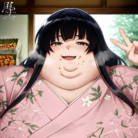 score_9, score_8_up, score_7_up, score_6_up, score_5_up, score_4_up, BREAK, source_anime, 1girl, kagomehigurashi, bangs, black hair, long hair, brown eyes, wearing a kimono
,masterpiece,best quality,amazing quality,bulging belly, fat, chubby, obese, open m...