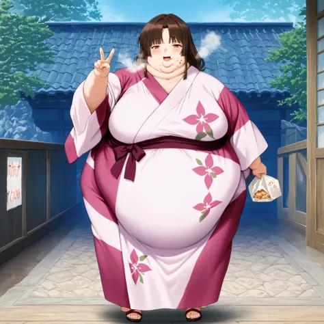 anime screencap, score_9, score_8_up, score_7_up, source_anime BREAK sango, 1girl, solo, brown hair, parted bangs, low-tied long hair, brown eyes, pink kimono, wearing a kimono
,masterpiece,best quality,amazing quality,bulging belly, fat, chubby, obese, op...